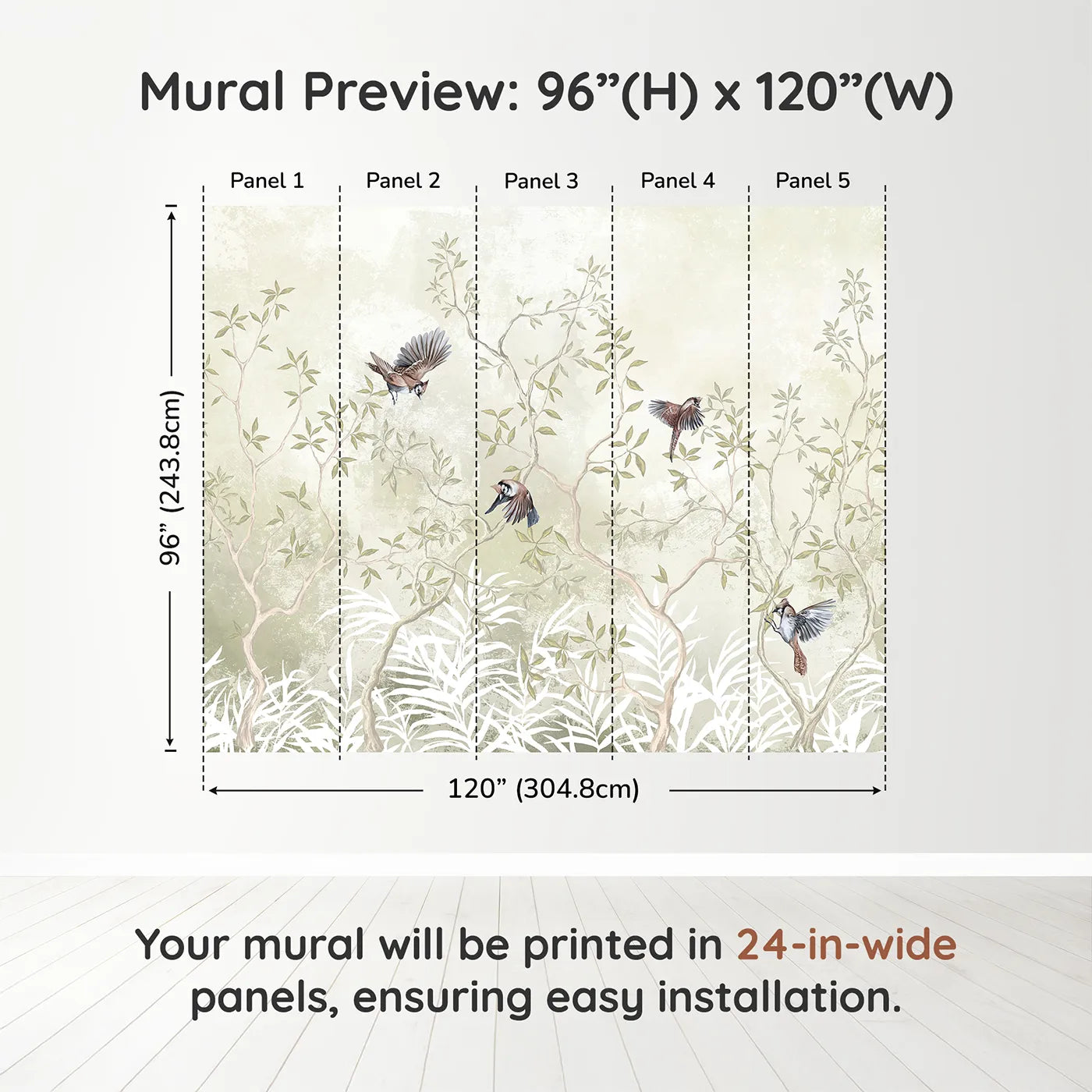 Whimsy Tots Sparrow Grove Wall Muraldimension view (96" H x 120" W). Printed in five 24-inch-wide panels. Gender-Neutral