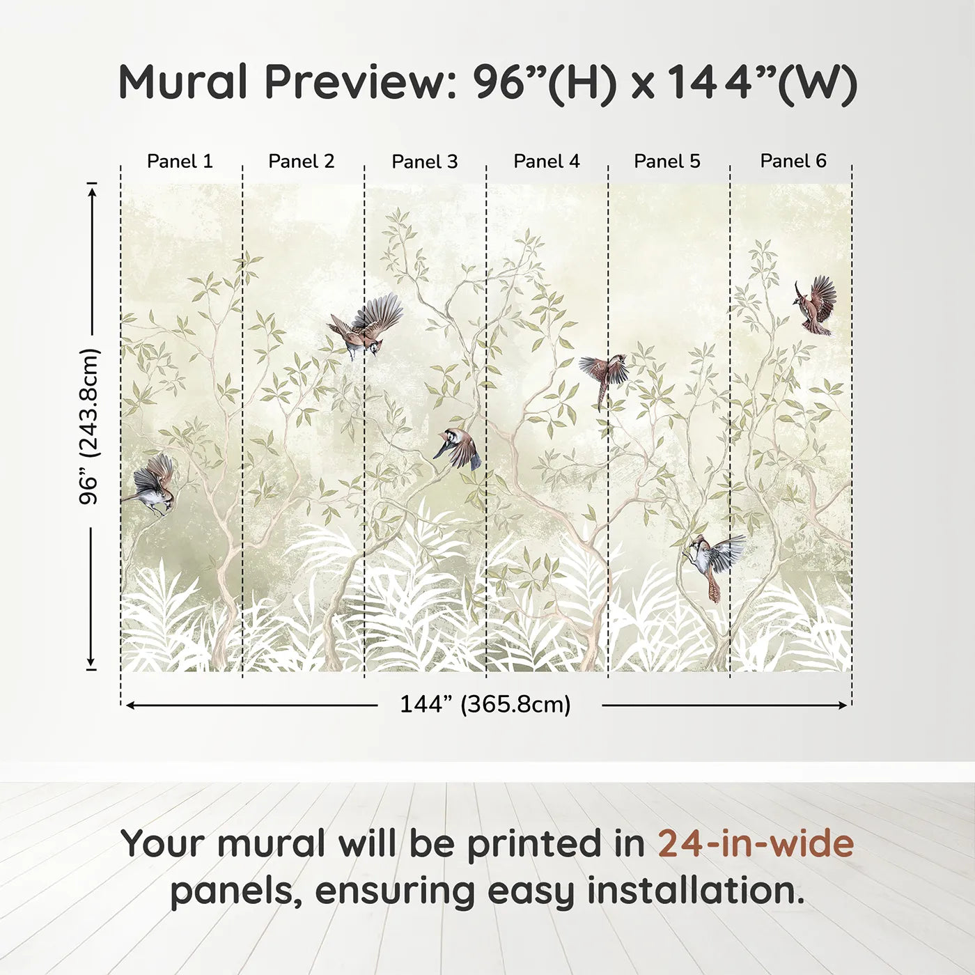 Whimsy Tots Sparrow Grove Wall Muraldimension view (96" H x 144" W). Printed in six 24-inch-wide panels. Gender-Neutral