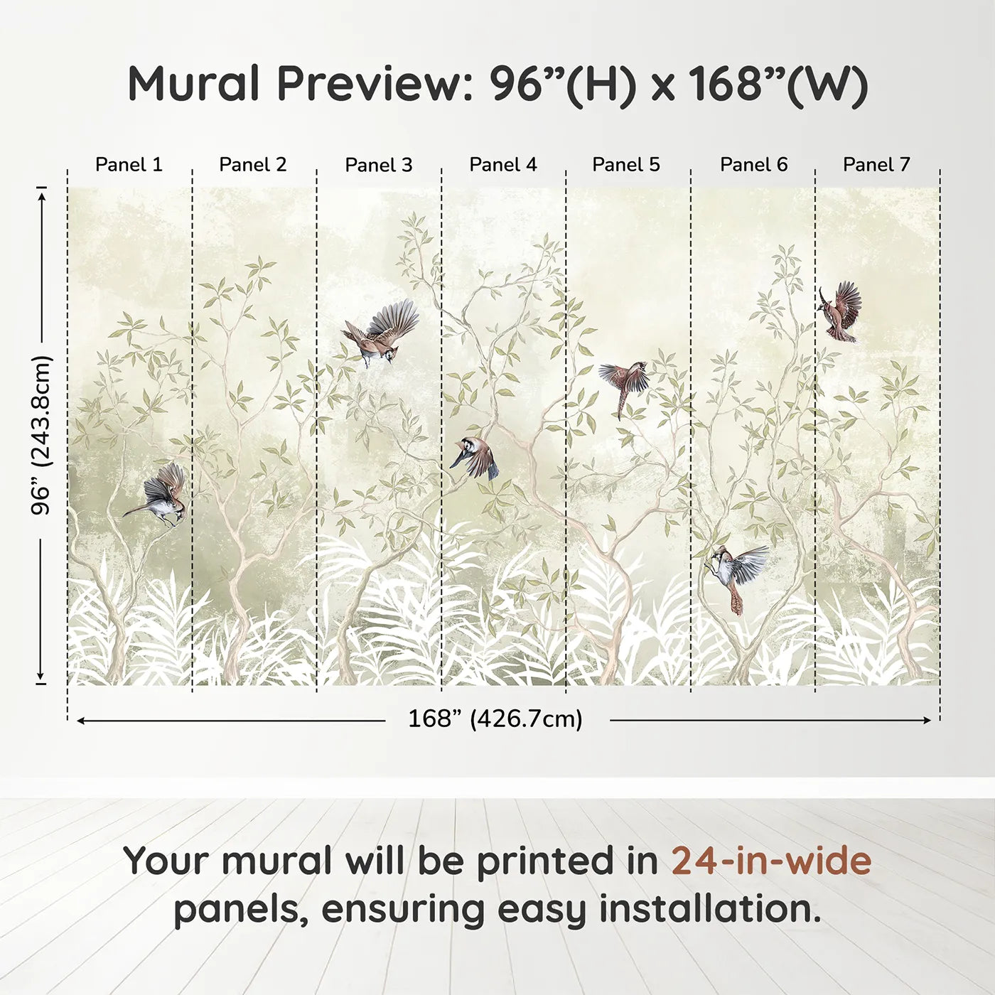 Whimsy Tots Sparrow Grove Wall Muraldimension view (96" H x 168" W). Printed in seven 24-inch-wide panels. Gender-Neutral