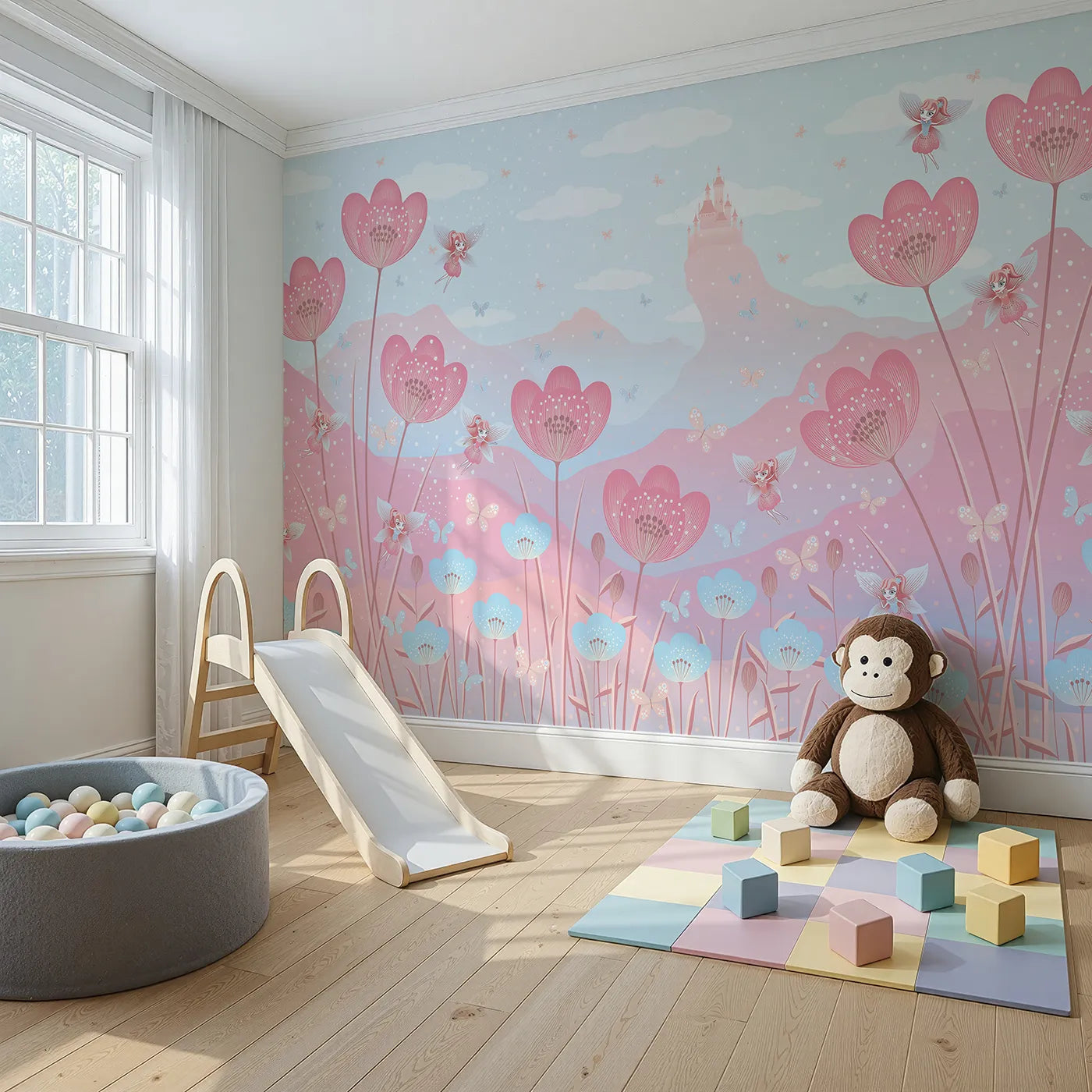 Angled view of Whimsy Tots' Fairy Flower Meadow Wall Mural in Pink (Turn Their Room into a Magical, Enchanted Meadow).Best for Girls