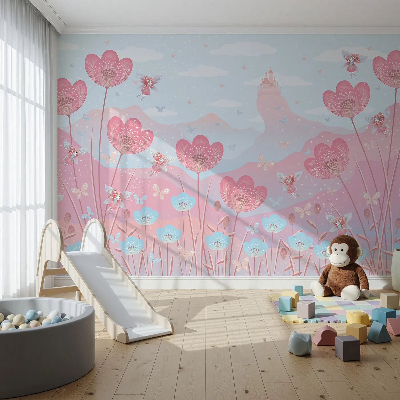 Front view of Whimsy Tots' Fairy Flower Meadow Wall Mural in Pink