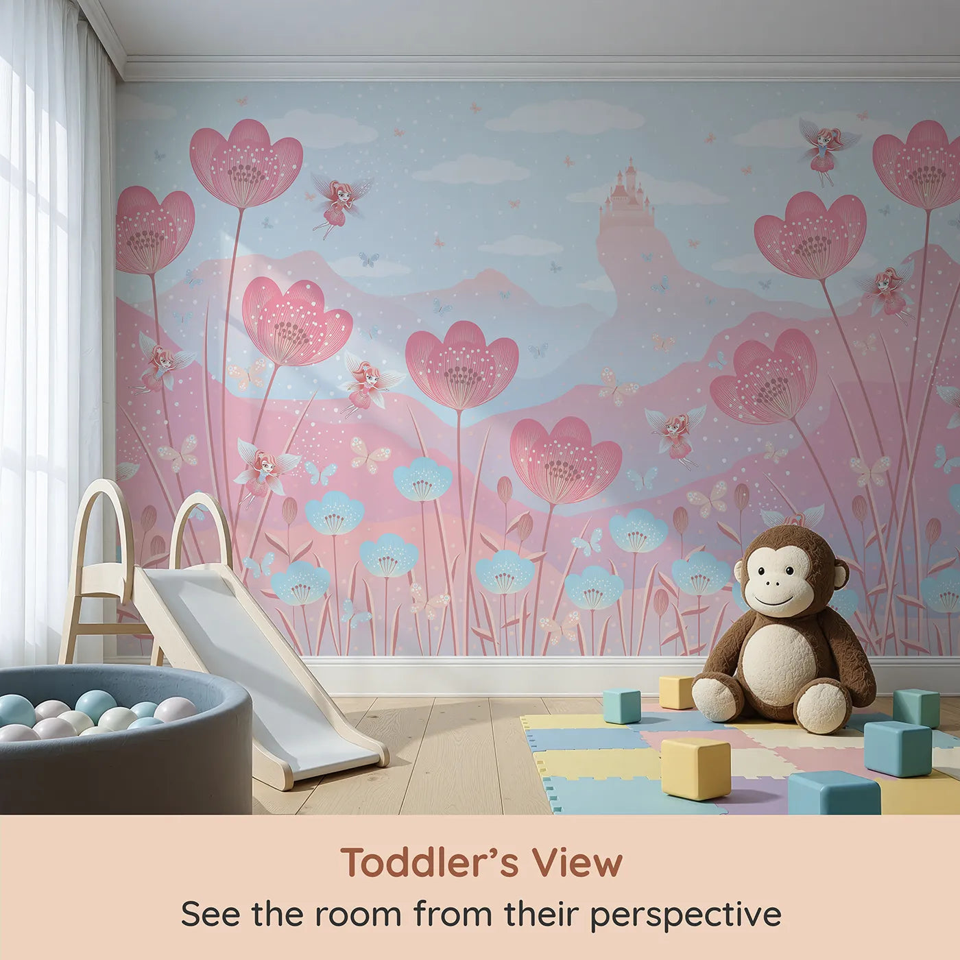 Whimsy Tots Fairy Flower Meadow Wall Mural in Pink (Turn Their Room into a Magical, Enchanted Meadow) from your child's view.Best for Girls