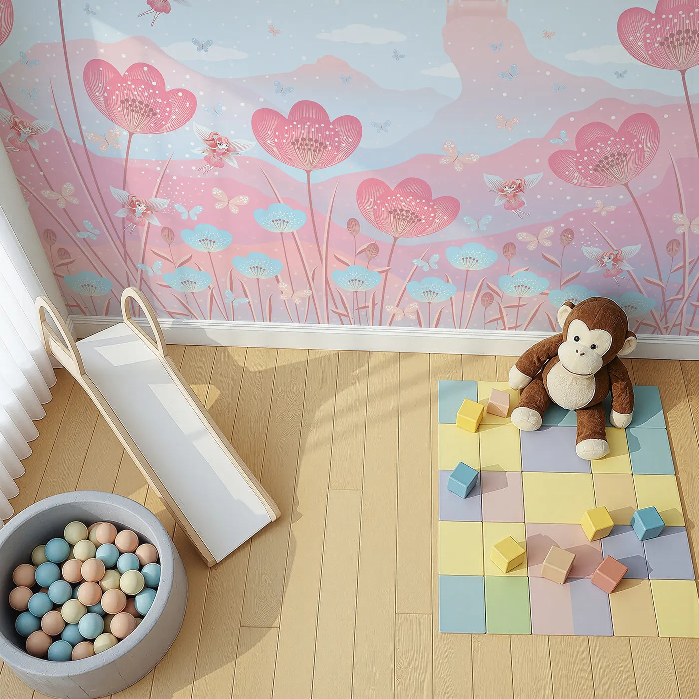 Top-down view of Whimsy Tots' Fairy Flower Meadow Wall Mural in Pink (Turn Their Room into a Magical, Enchanted Meadow).Best for Girls