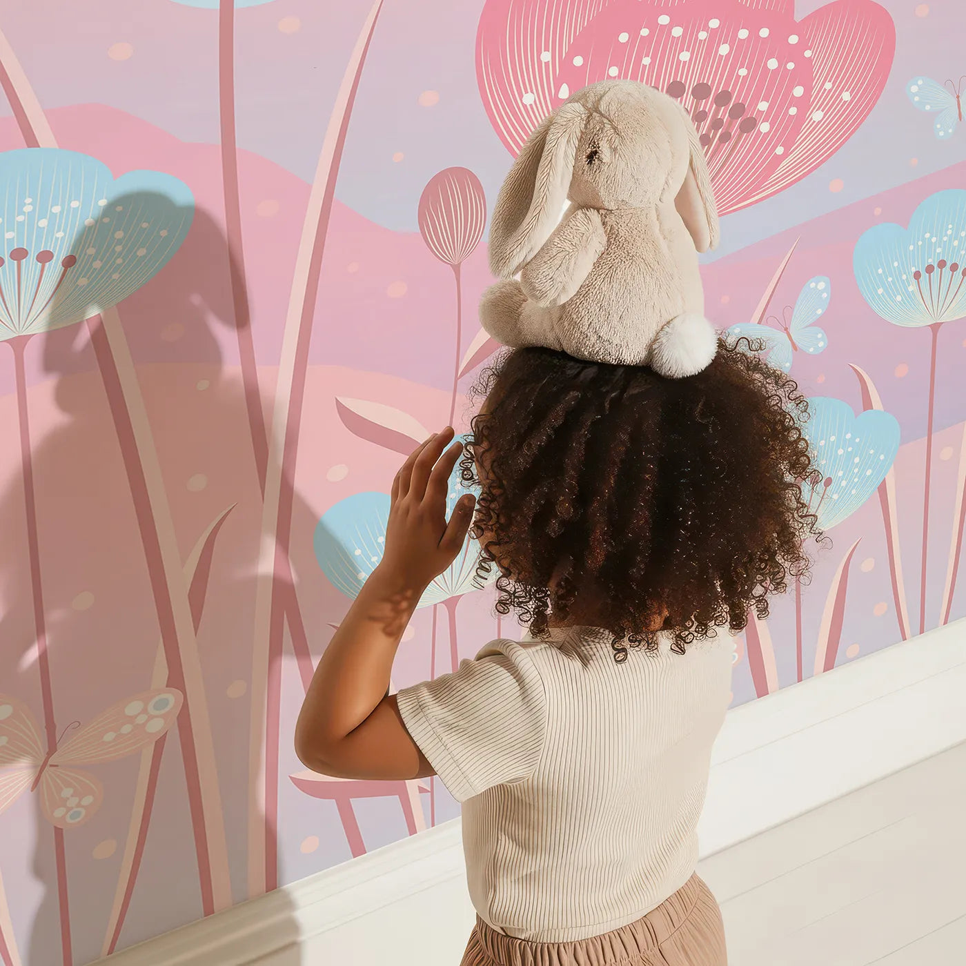 Child in front of Whimsy Tots Fairy Flower Meadow Wall Mural in Pink with flower, fairy, modern, pink, blue, floral, garden, magical in design.