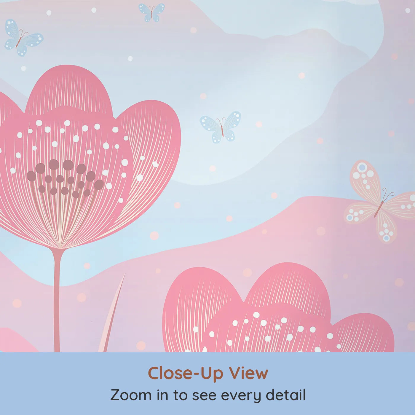 Close-up view of Whimsy Tots' Fairy Flower Meadow Wall Mural in Pink (Turn Their Room into a Magical, Enchanted Meadow).Best for Girls