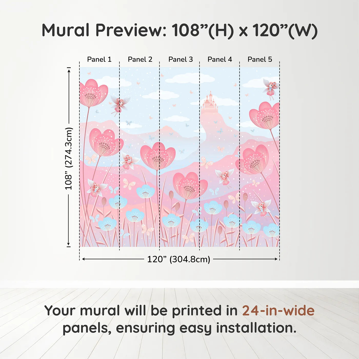 Whimsy Tots Fairy Flower Meadow Wall Mural in Pinkdimension view (108" H x 120" W). Printed in five 24-inch-wide panels. Best for Girls