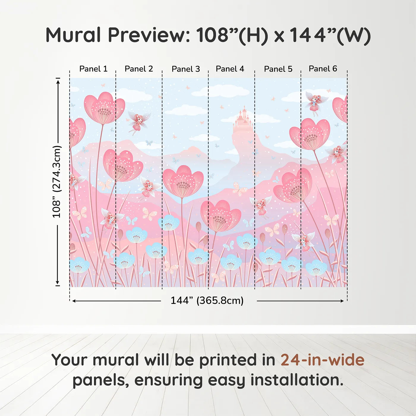 Whimsy Tots Fairy Flower Meadow Wall Mural in Pinkdimension view (108" H x 144" W). Printed in six 24-inch-wide panels. Best for Girls