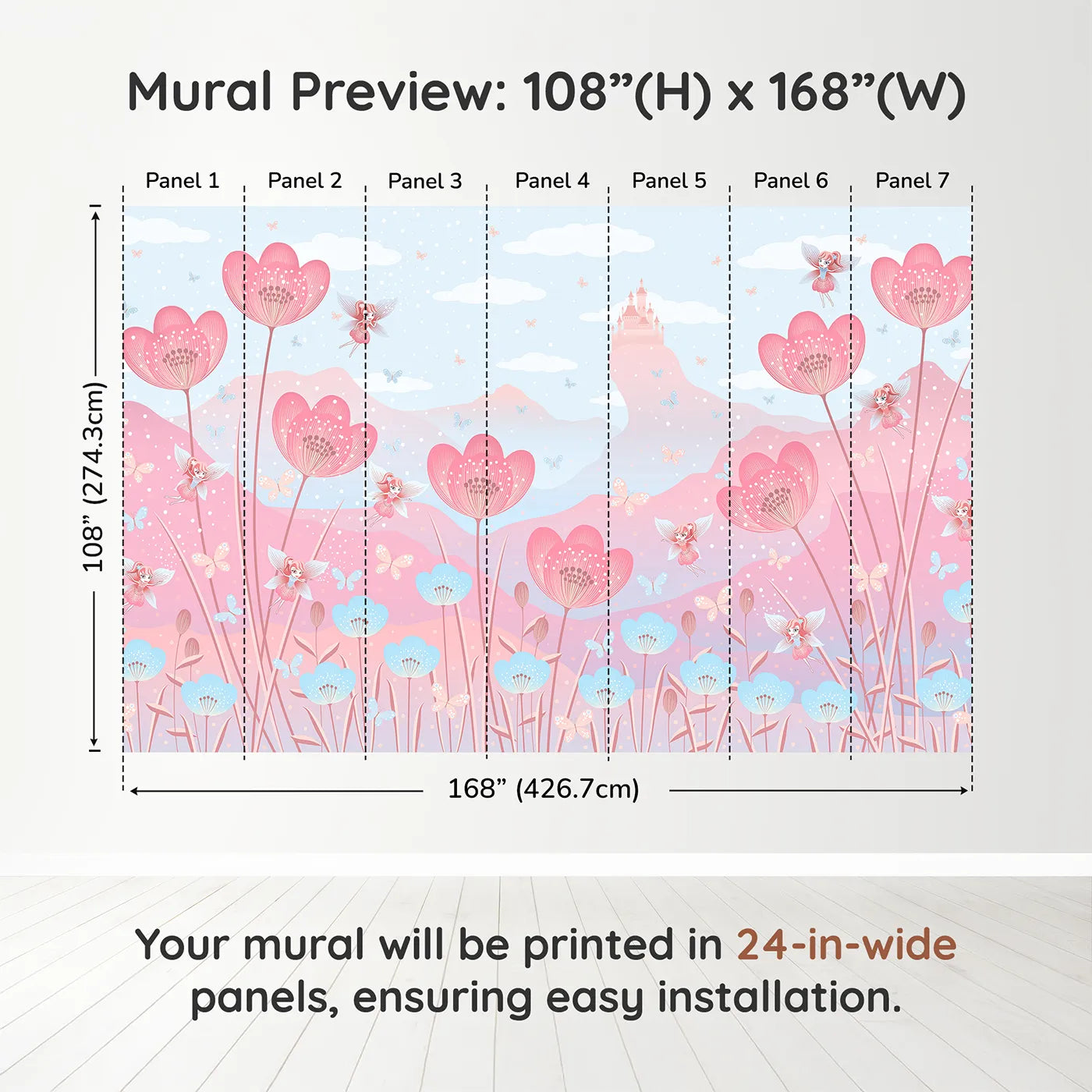 Whimsy Tots Fairy Flower Meadow Wall Mural in Pinkdimension view (108" H x 168" W). Printed in seven 24-inch-wide panels. Best for Girls