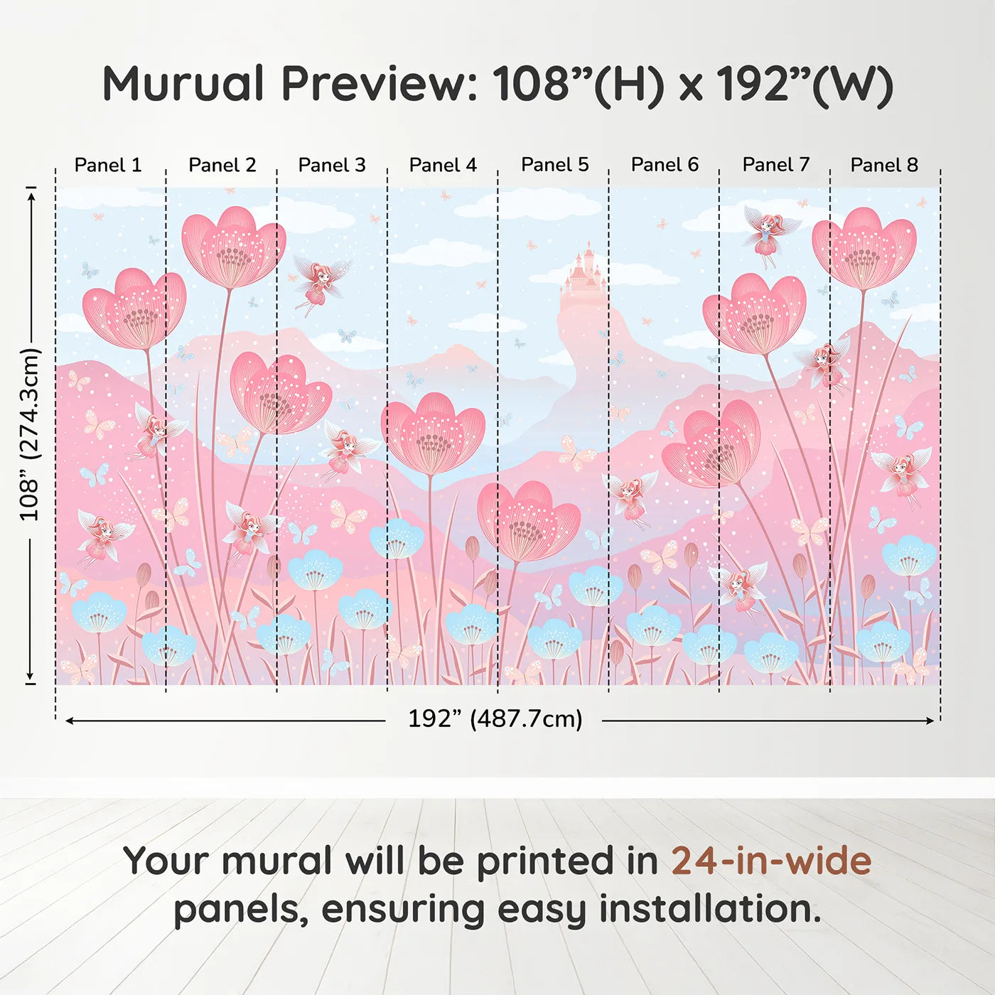 Whimsy Tots Fairy Flower Meadow Wall Mural in Pinkdimension view (108" H x 192" W). Printed in eight 24-inch-wide panels. Best for Girls