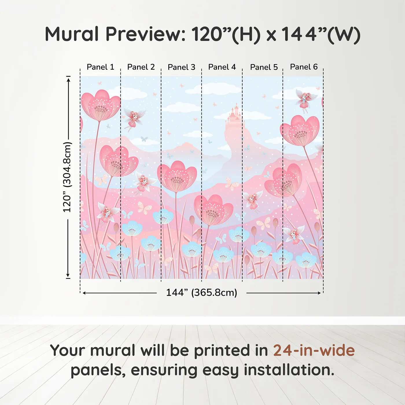 Whimsy Tots Fairy Flower Meadow Wall Mural in Pinkdimension view (120" H x 144" W). Printed in six 24-inch-wide panels. Best for Girls