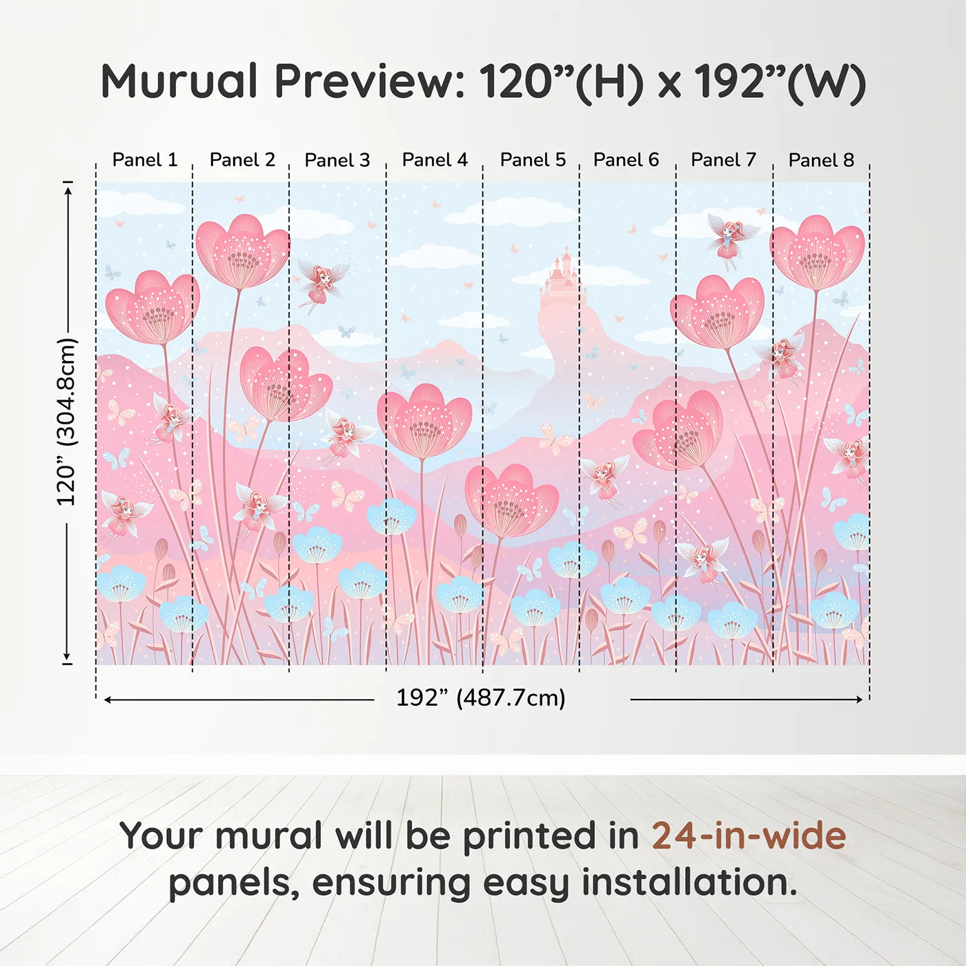 Whimsy Tots Fairy Flower Meadow Wall Mural in Pinkdimension view (120" H x 192" W). Printed in eight 24-inch-wide panels. Best for Girls