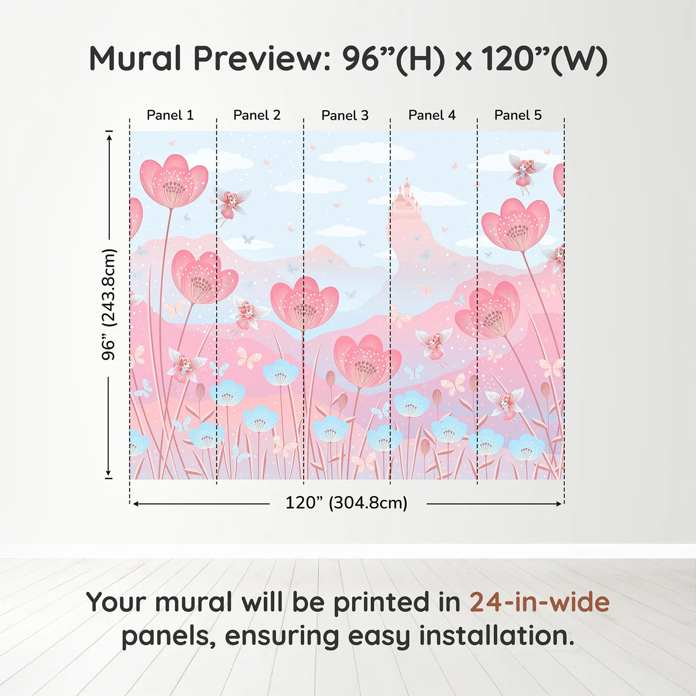 Whimsy Tots Fairy Flower Meadow Wall Mural in Pinkdimension view (96" H x 120" W). Printed in five 24-inch-wide panels. Best for Girls