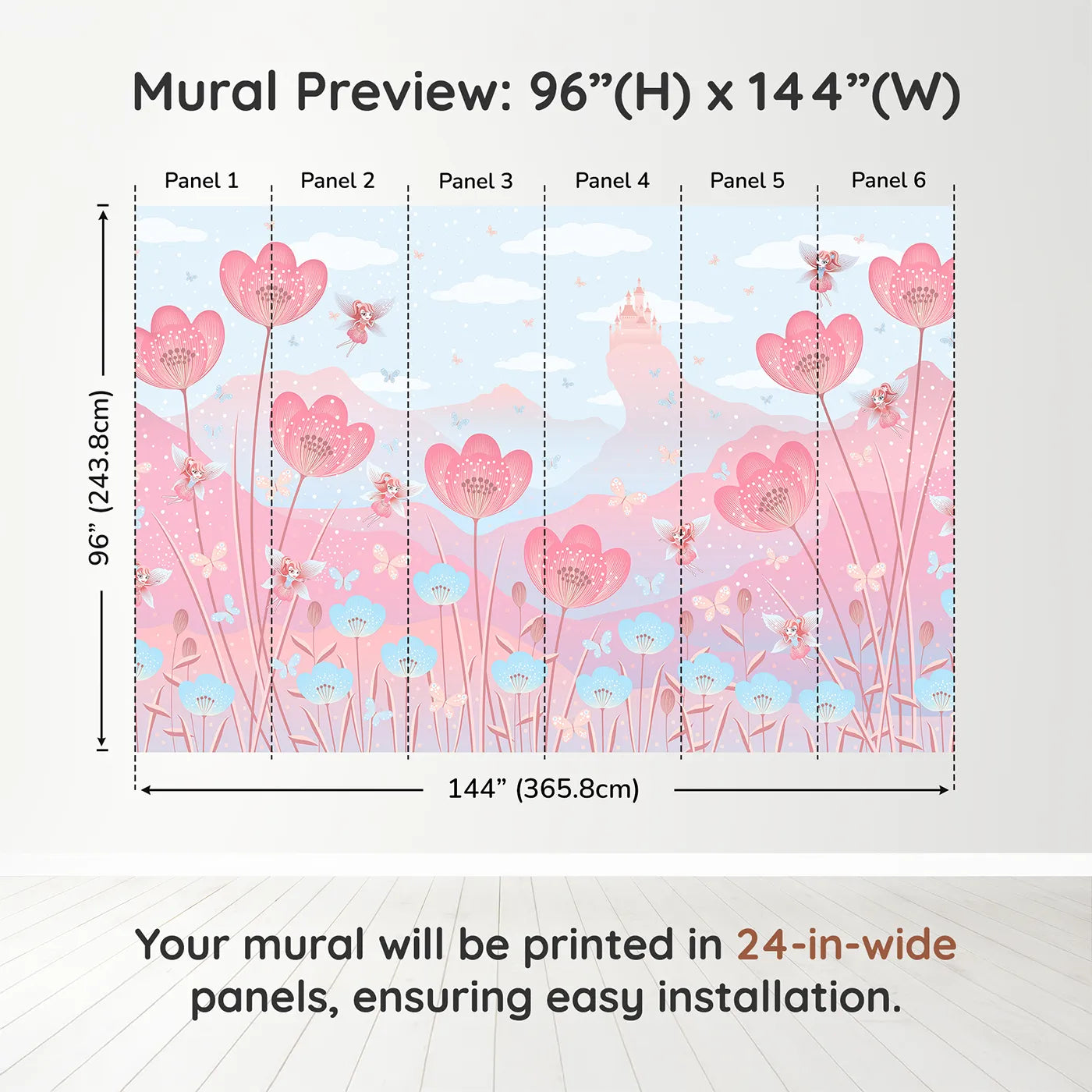 Whimsy Tots Fairy Flower Meadow Wall Mural in Pinkdimension view (96" H x 144" W). Printed in six 24-inch-wide panels. Best for Girls