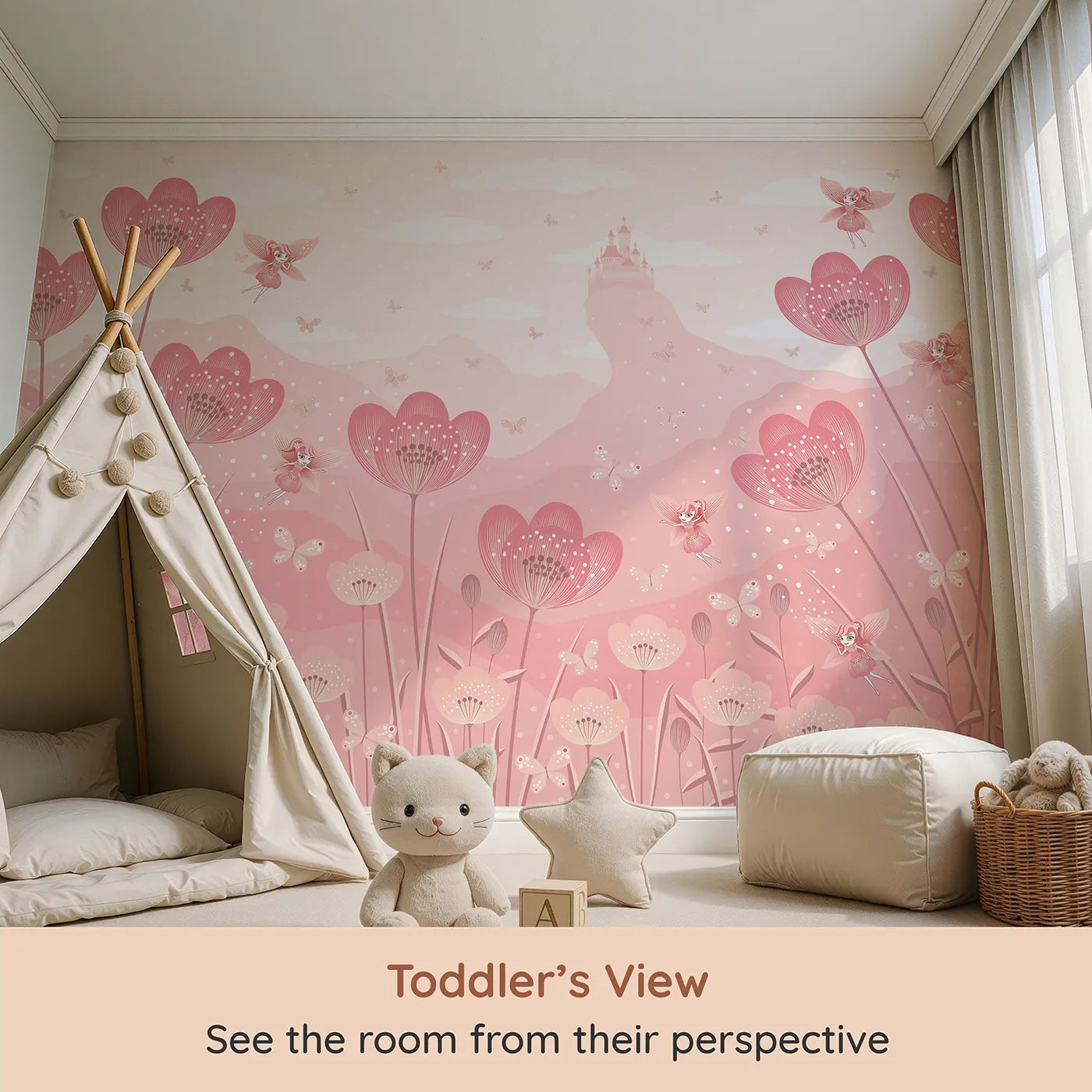 Whimsy Tots Fairy Flower Meadow Wall Mural in Monochrome (Turn Their Room into a Magical, Enchanted Meadow) from your child's view.Best for Girls