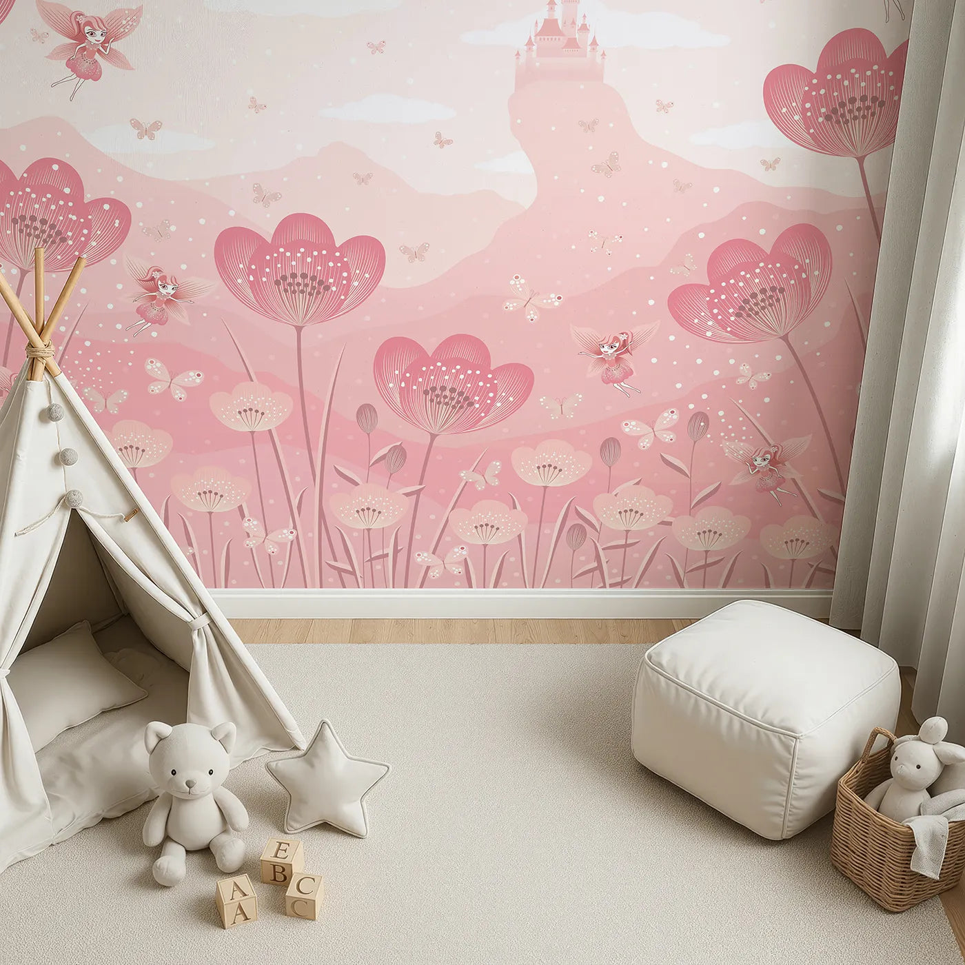 Top-down view of Whimsy Tots' Fairy Flower Meadow Wall Mural in Monochrome (Turn Their Room into a Magical, Enchanted Meadow).Best for Girls