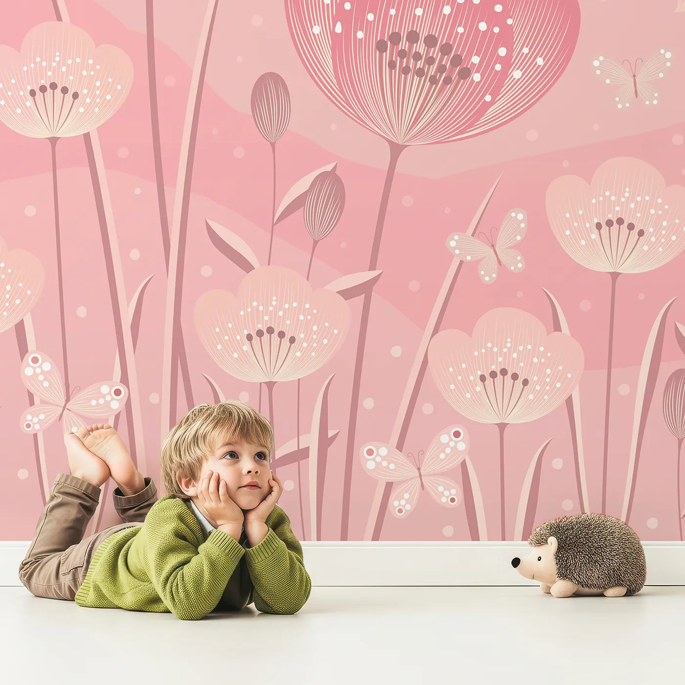Child in front of Whimsy Tots Fairy Flower Meadow Wall Mural in Monochrome with flower, fairy, modern, pink, floral, garden, magical, cute in design.
