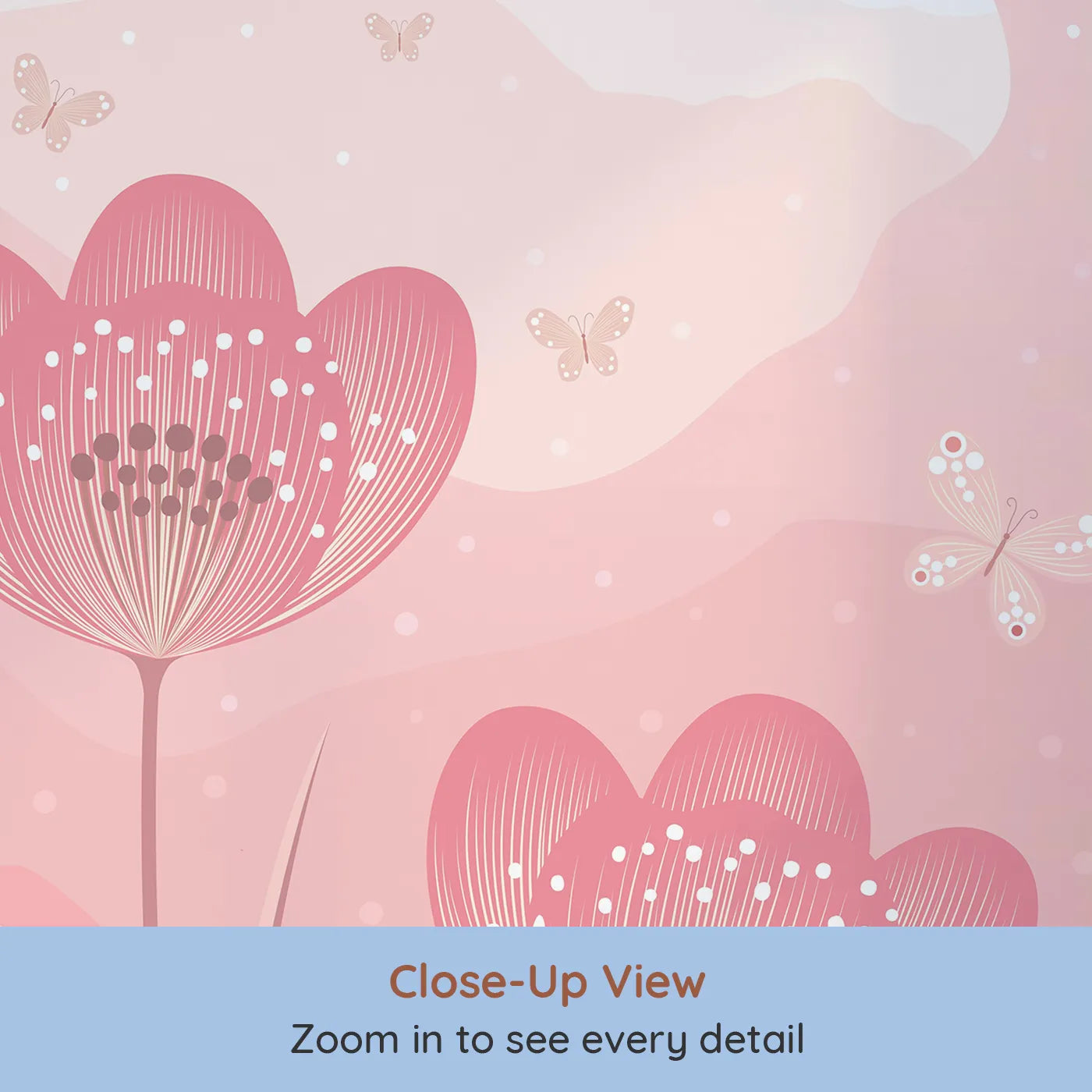 Close-up view of Whimsy Tots' Fairy Flower Meadow Wall Mural in Monochrome (Turn Their Room into a Magical, Enchanted Meadow).Best for Girls