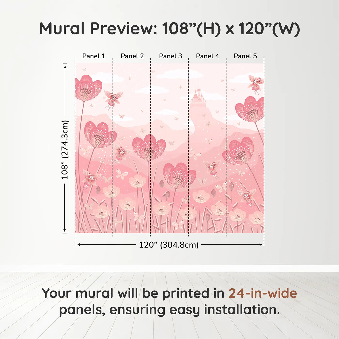 Whimsy Tots Fairy Flower Meadow Wall Mural in Monochromedimension view (108" H x 120" W). Printed in five 24-inch-wide panels. Best for Girls