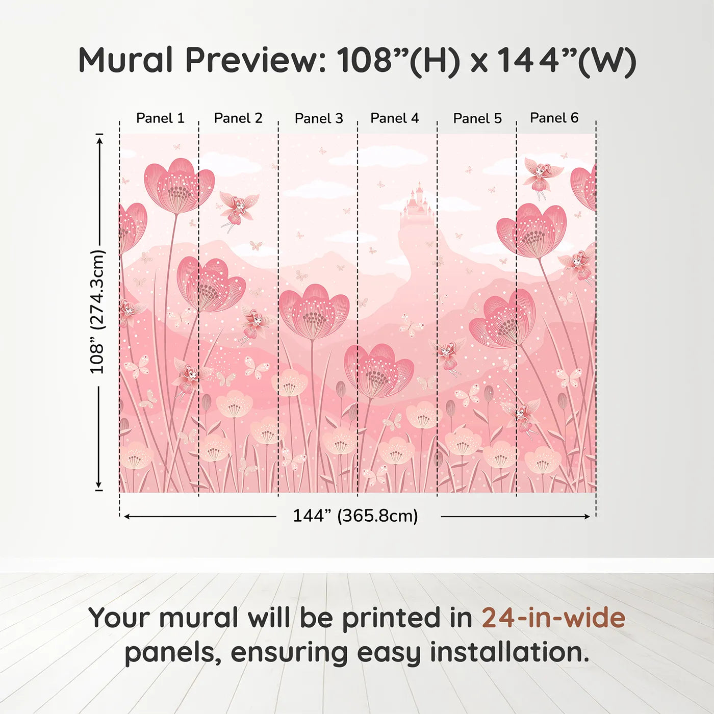 Whimsy Tots Fairy Flower Meadow Wall Mural in Monochromedimension view (108" H x 144" W). Printed in six 24-inch-wide panels. Best for Girls