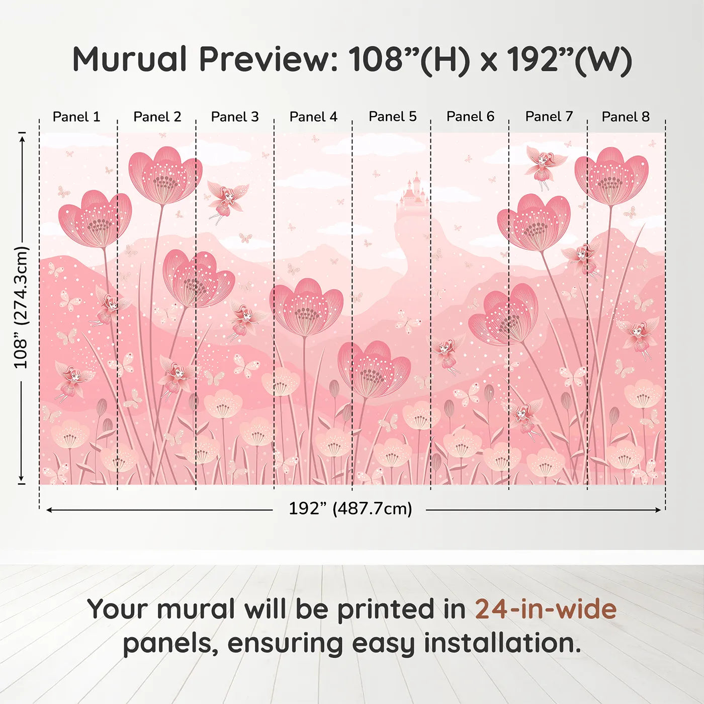 Whimsy Tots Fairy Flower Meadow Wall Mural in Monochromedimension view (108" H x 192" W). Printed in eight 24-inch-wide panels. Best for Girls