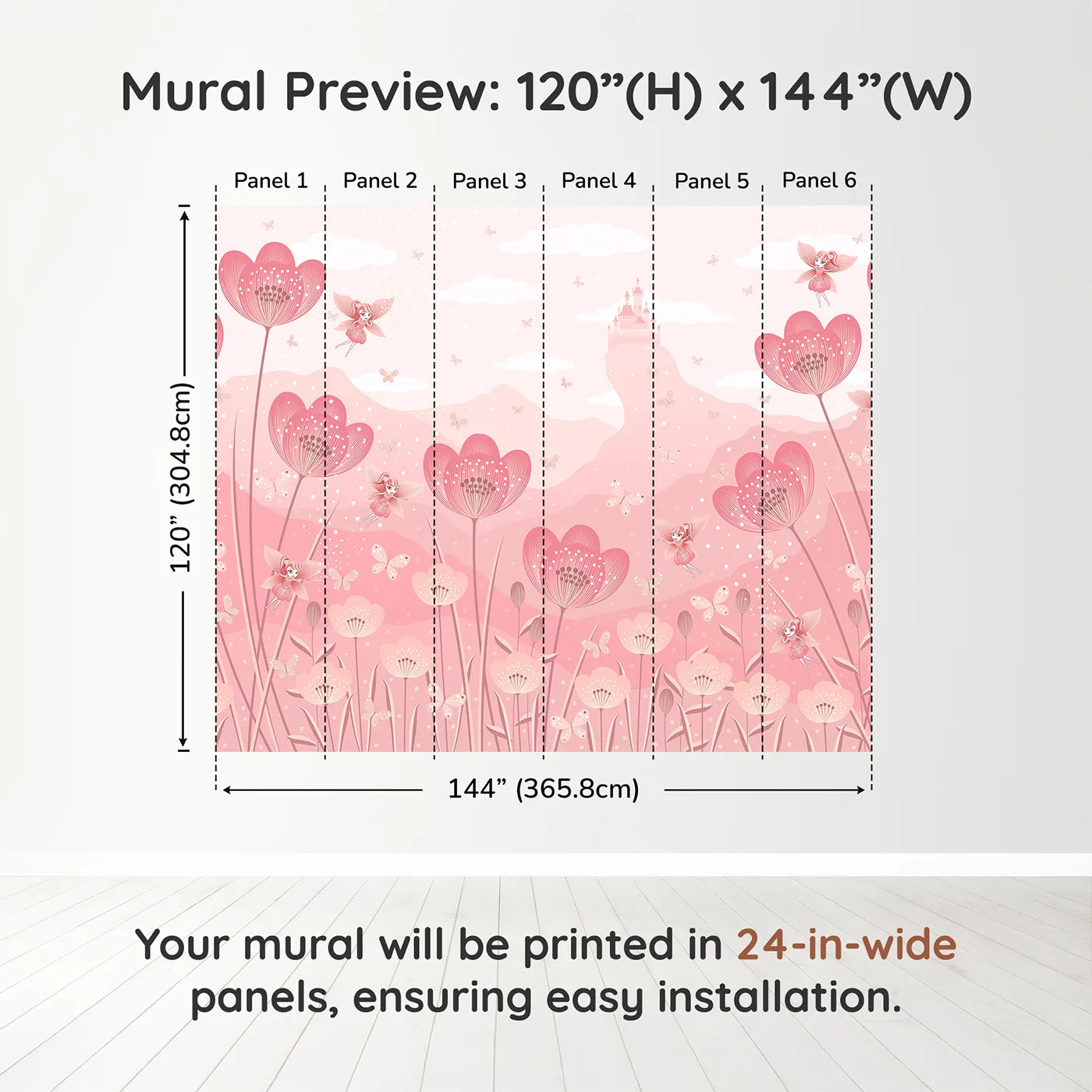 Whimsy Tots Fairy Flower Meadow Wall Mural in Monochromedimension view (120" H x 144" W). Printed in six 24-inch-wide panels. Best for Girls