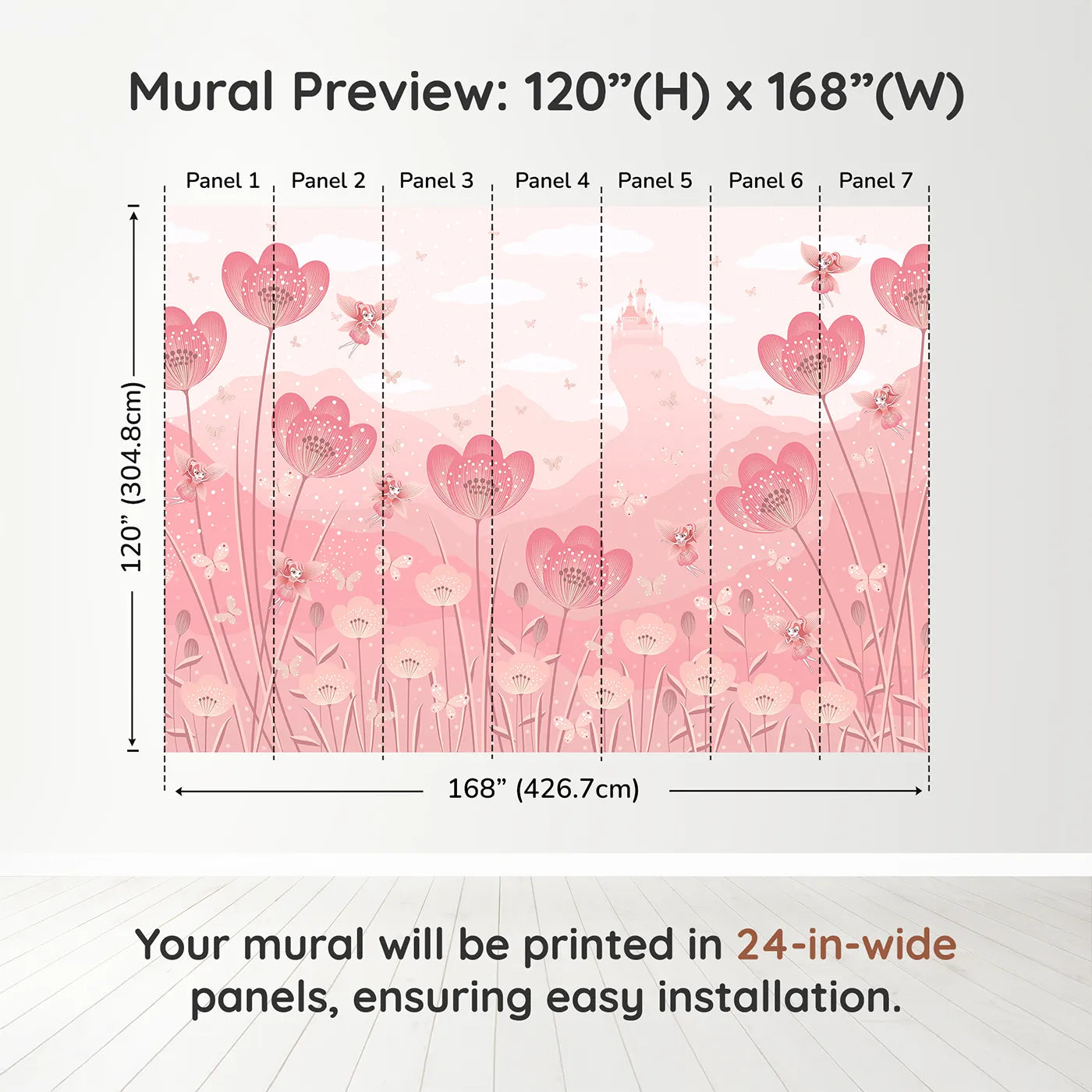 Whimsy Tots Fairy Flower Meadow Wall Mural in Monochromedimension view (120" H x 168" W). Printed in seven 24-inch-wide panels. Best for Girls
