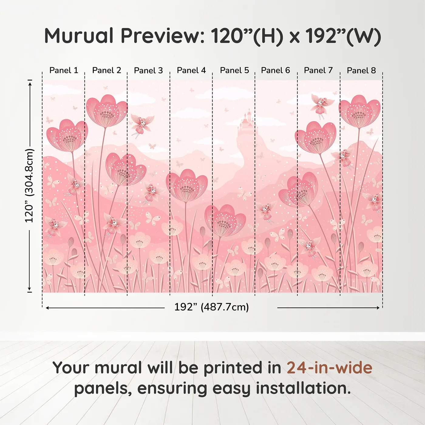Whimsy Tots Fairy Flower Meadow Wall Mural in Monochromedimension view (120" H x 192" W). Printed in eight 24-inch-wide panels. Best for Girls