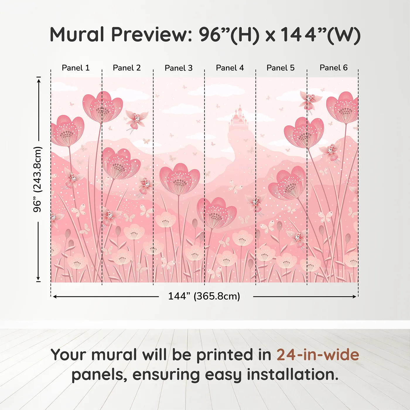 Whimsy Tots Fairy Flower Meadow Wall Mural in Monochromedimension view (96" H x 144" W). Printed in six 24-inch-wide panels. Best for Girls