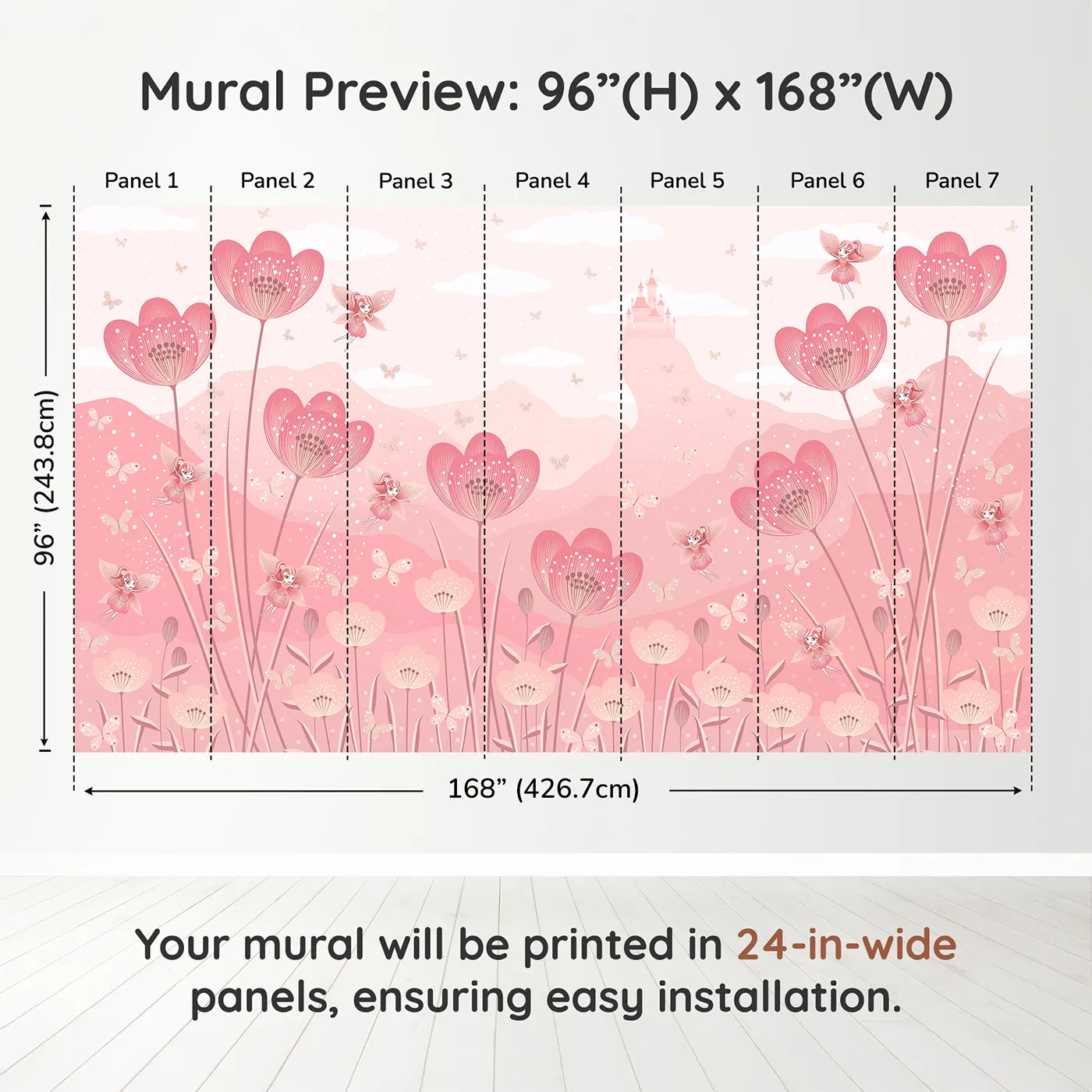 Whimsy Tots Fairy Flower Meadow Wall Mural in Monochromedimension view (96" H x 168" W). Printed in seven 24-inch-wide panels. Best for Girls