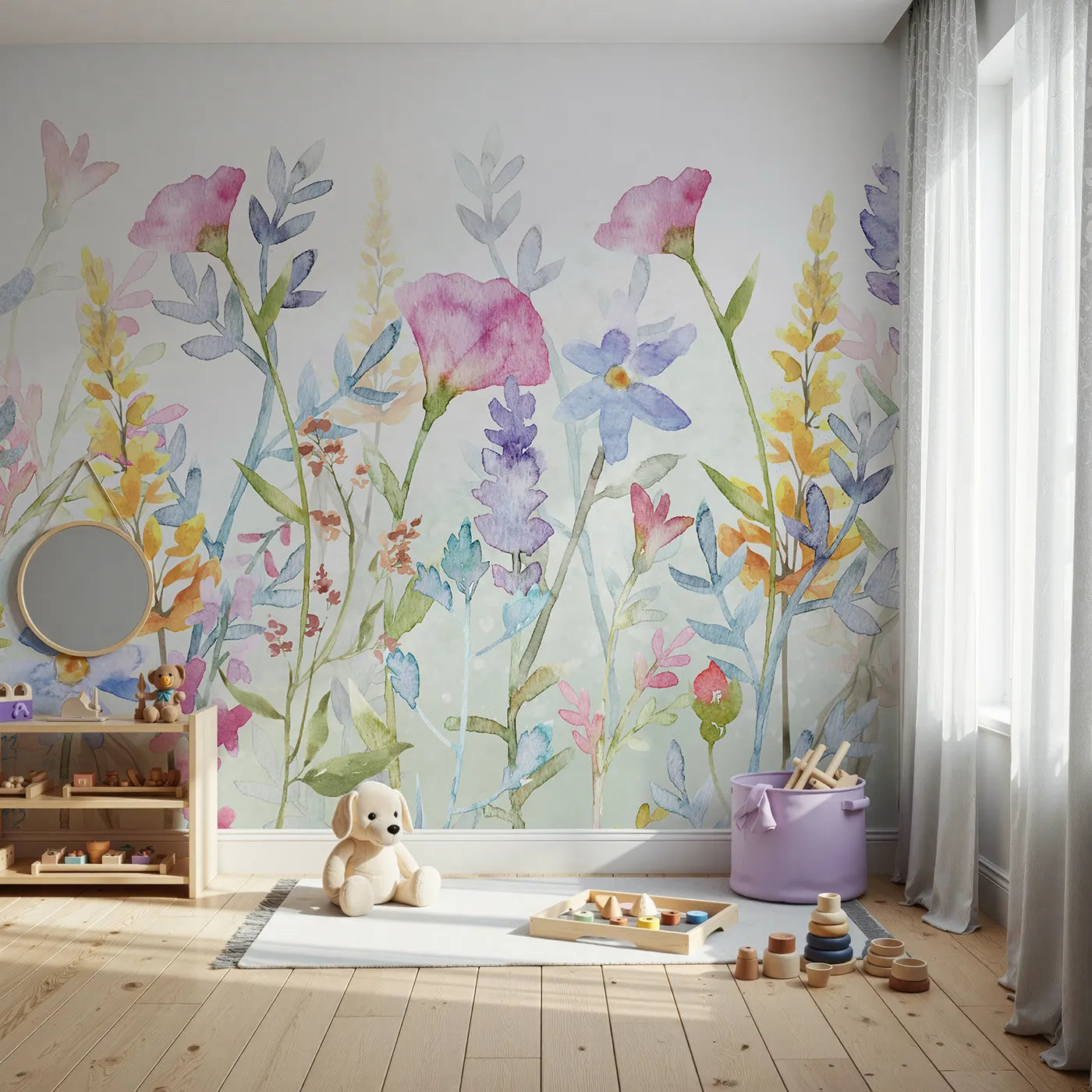 Front view of Whimsy Tots' Watercolor Wildflower Border Wall Mural in Color