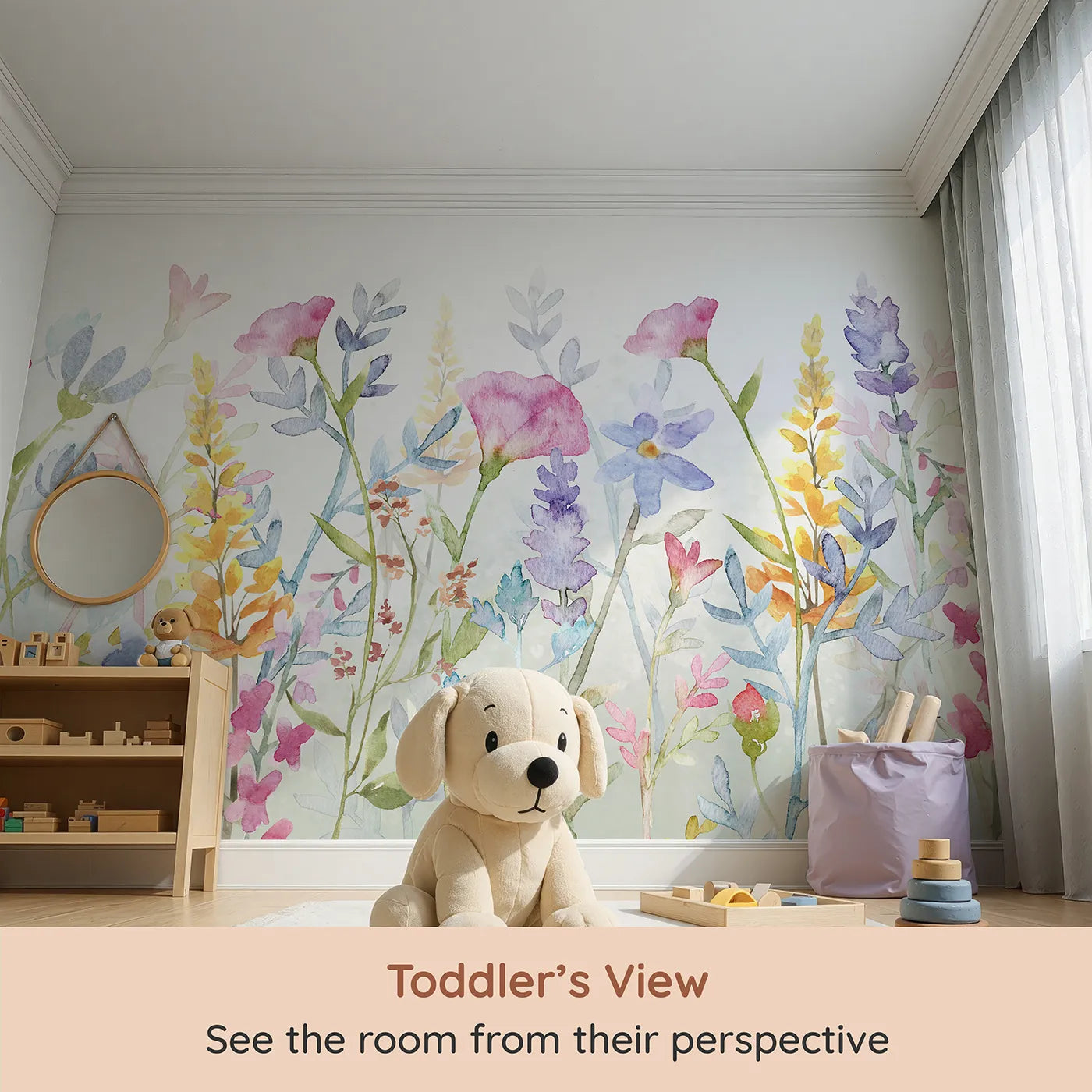Whimsy Tots Watercolor Wildflower Border Wall Mural in Color (Turn Their Room into a Meadow of Delicate, Painted Flowers) from your child's view.Gender-Neutral