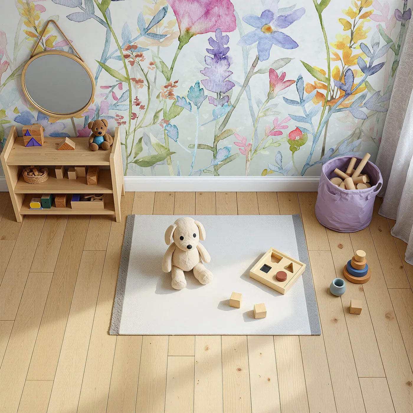 Top-down view of Whimsy Tots' Watercolor Wildflower Border Wall Mural in Color (Turn Their Room into a Meadow of Delicate, Painted Flowers).Gender-Neutral