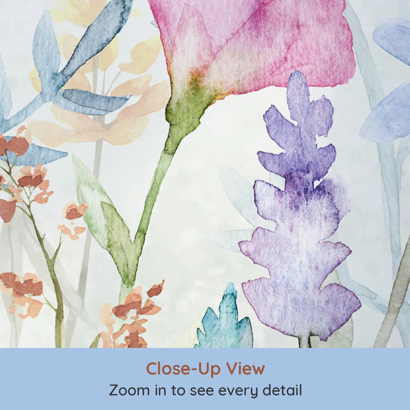 Close-up view of Whimsy Tots' Watercolor Wildflower Border Wall Mural in Color (Turn Their Room into a Meadow of Delicate, Painted Flowers).Gender-Neutral