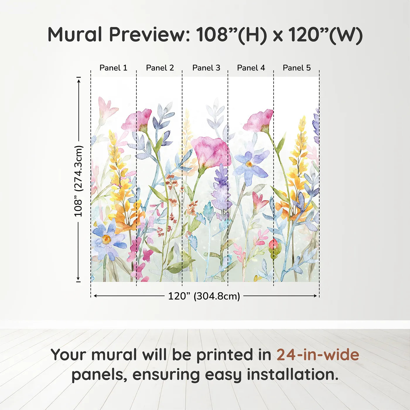 Whimsy Tots Watercolor Wildflower Border Wall Mural in Colordimension view (108" H x 120" W). Printed in five 24-inch-wide panels. Gender-Neutral