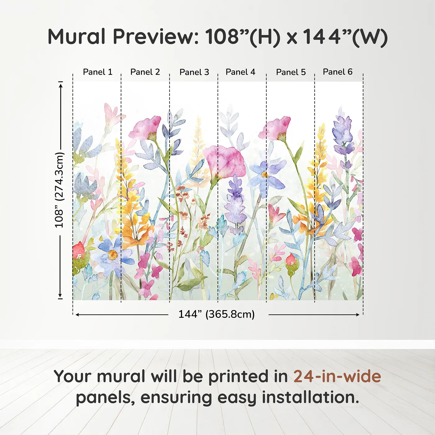 Whimsy Tots Watercolor Wildflower Border Wall Mural in Colordimension view (108" H x 144" W). Printed in six 24-inch-wide panels. Gender-Neutral