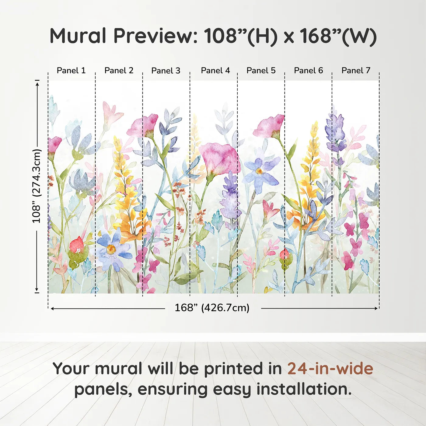 Whimsy Tots Watercolor Wildflower Border Wall Mural in Colordimension view (108" H x 168" W). Printed in seven 24-inch-wide panels. Gender-Neutral
