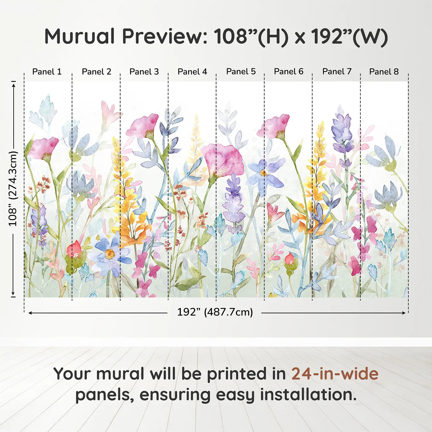 Whimsy Tots Watercolor Wildflower Border Wall Mural in Colordimension view (108" H x 192" W). Printed in eight 24-inch-wide panels. Gender-Neutral