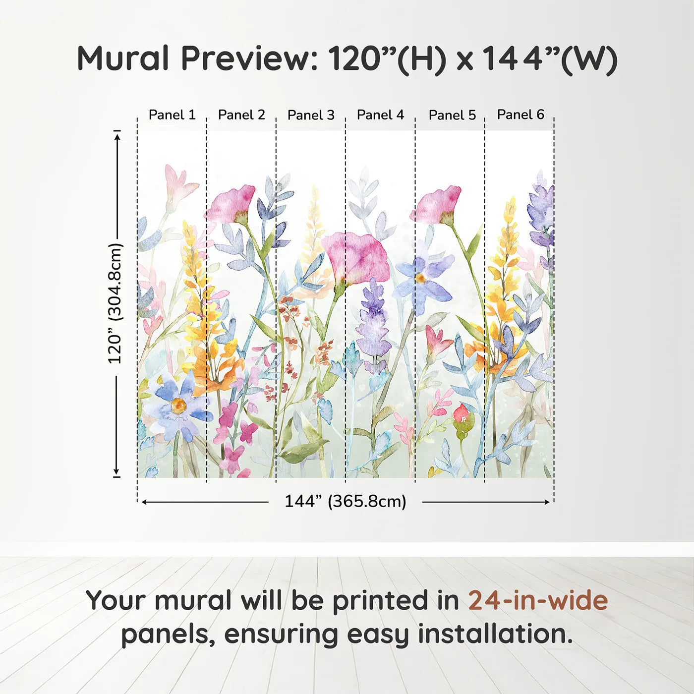Whimsy Tots Watercolor Wildflower Border Wall Mural in Colordimension view (120" H x 144" W). Printed in six 24-inch-wide panels. Gender-Neutral