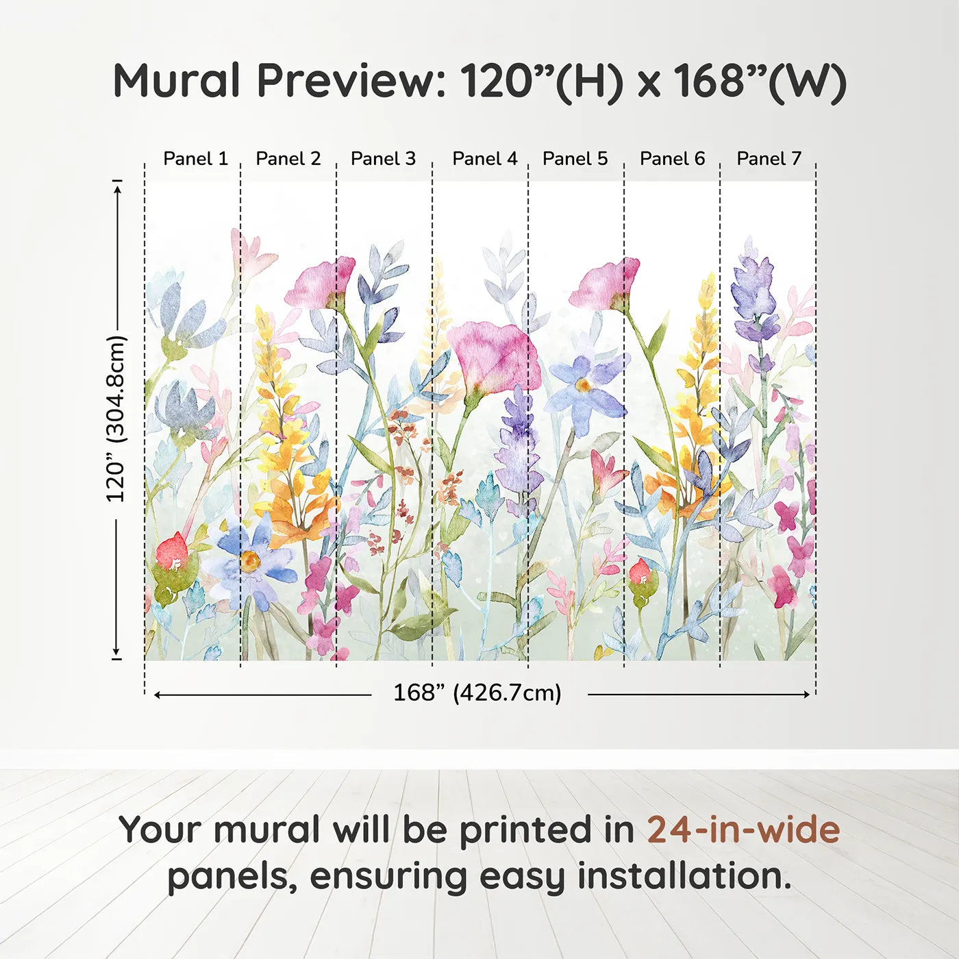 Whimsy Tots Watercolor Wildflower Border Wall Mural in Colordimension view (120" H x 168" W). Printed in seven 24-inch-wide panels. Gender-Neutral