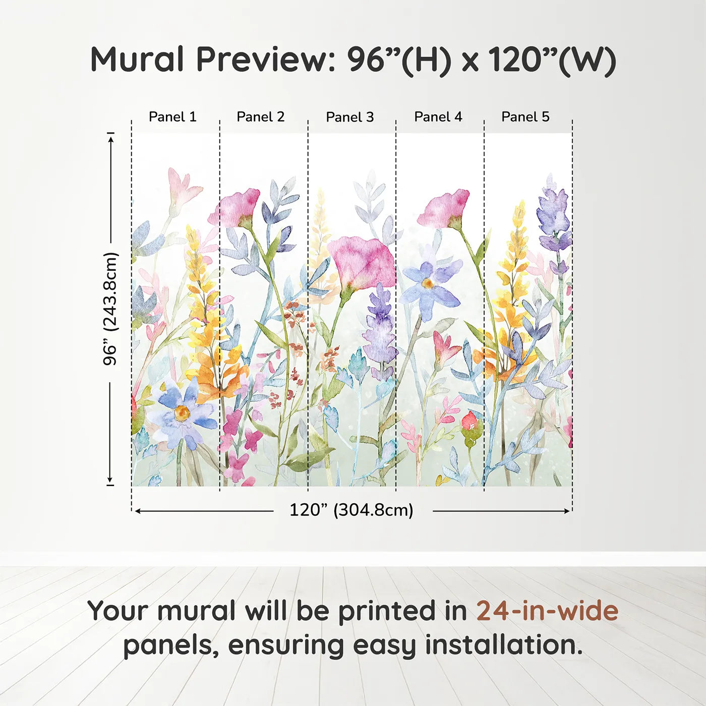 Whimsy Tots Watercolor Wildflower Border Wall Mural in Colordimension view (96" H x 120" W). Printed in five 24-inch-wide panels. Gender-Neutral