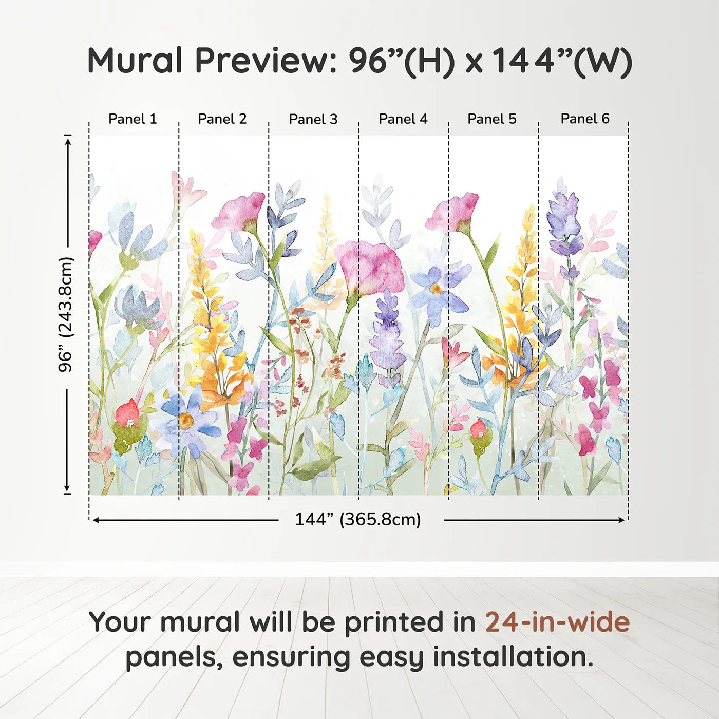 Whimsy Tots Watercolor Wildflower Border Wall Mural in Colordimension view (96" H x 144" W). Printed in six 24-inch-wide panels. Gender-Neutral