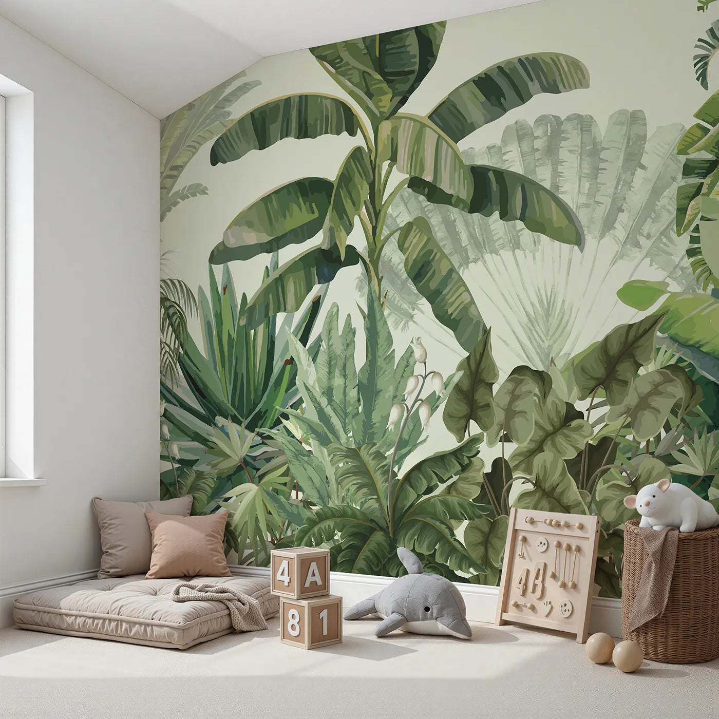 Angled view of Whimsy Tots' Tropical Jungle Panorama Wall Mural in Green (Turn Their Room into a Lush, Ethereal Rainforest).Gender-Neutral