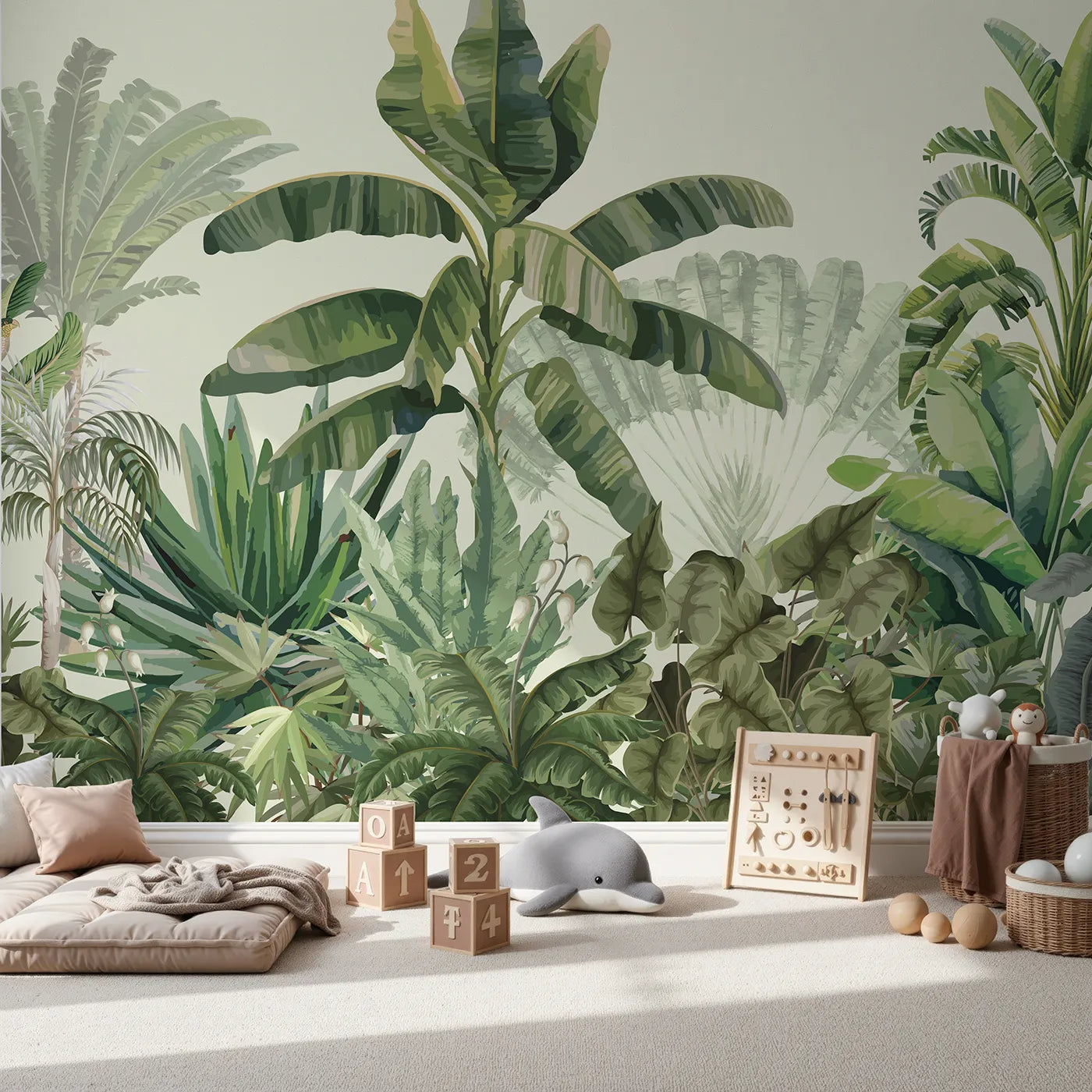 Front view of Whimsy Tots' Tropical Jungle Panorama Wall Mural in Green