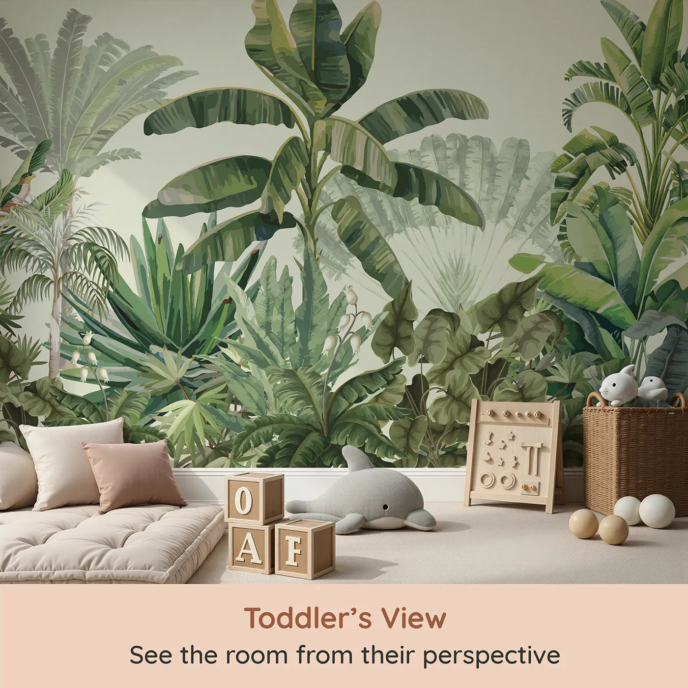 Whimsy Tots Tropical Jungle Panorama Wall Mural in Green (Turn Their Room into a Lush, Ethereal Rainforest) from your child's view.Gender-Neutral