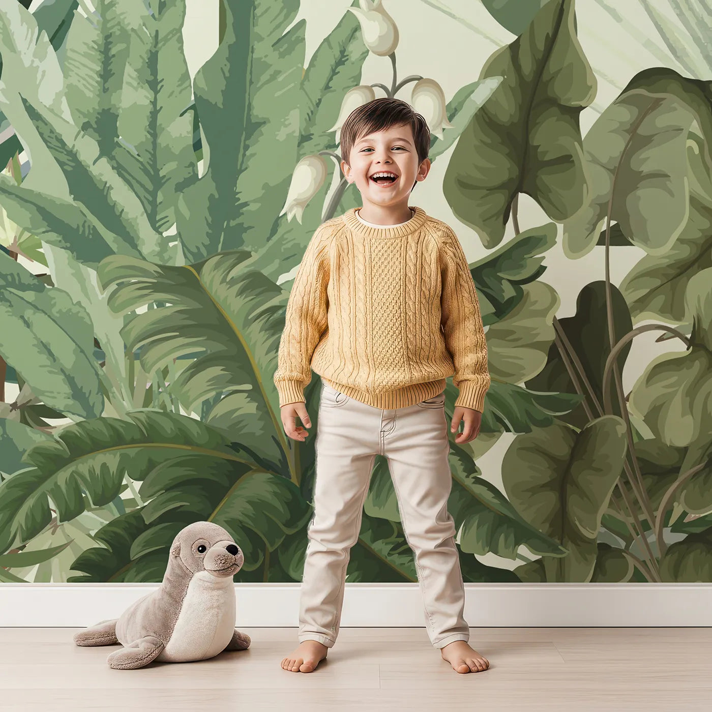 Child in front of Whimsy Tots Tropical Jungle Panorama Wall Mural in Green with jungle, tropical, green, mist, monochrome, forest, palm tree, sage in design.