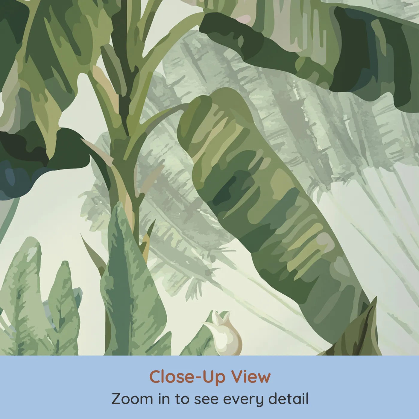 Close-up view of Whimsy Tots' Tropical Jungle Panorama Wall Mural in Green (Turn Their Room into a Lush, Ethereal Rainforest).Gender-Neutral