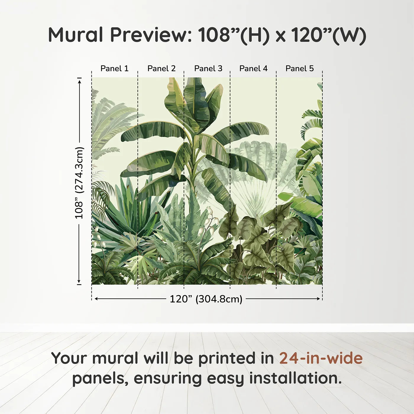 Whimsy Tots Tropical Jungle Panorama Wall Mural in Greendimension view (108" H x 120" W). Printed in five 24-inch-wide panels. Gender-Neutral