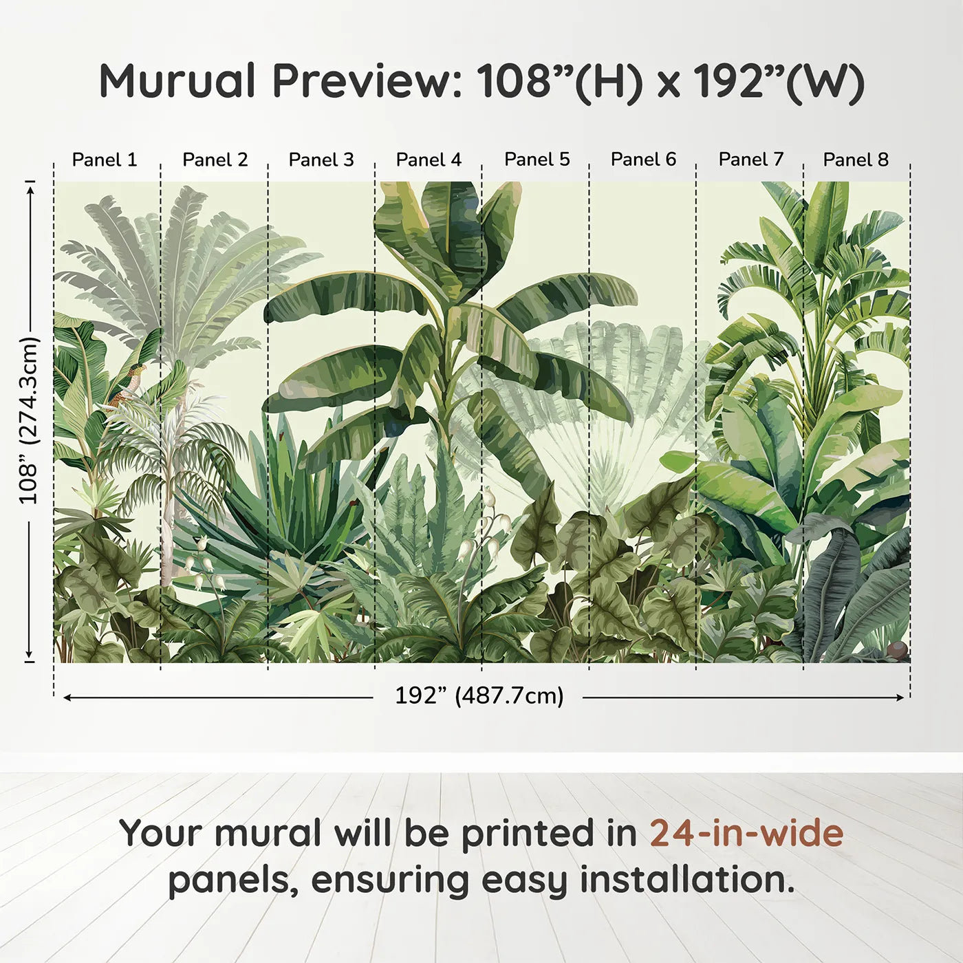 Whimsy Tots Tropical Jungle Panorama Wall Mural in Greendimension view (108" H x 192" W). Printed in eight 24-inch-wide panels. Gender-Neutral