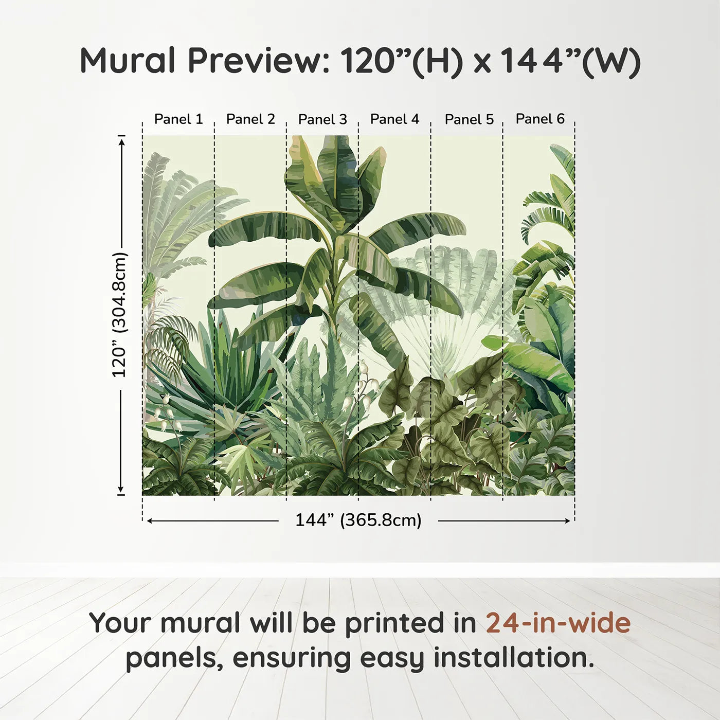 Whimsy Tots Tropical Jungle Panorama Wall Mural in Greendimension view (120" H x 144" W). Printed in six 24-inch-wide panels. Gender-Neutral