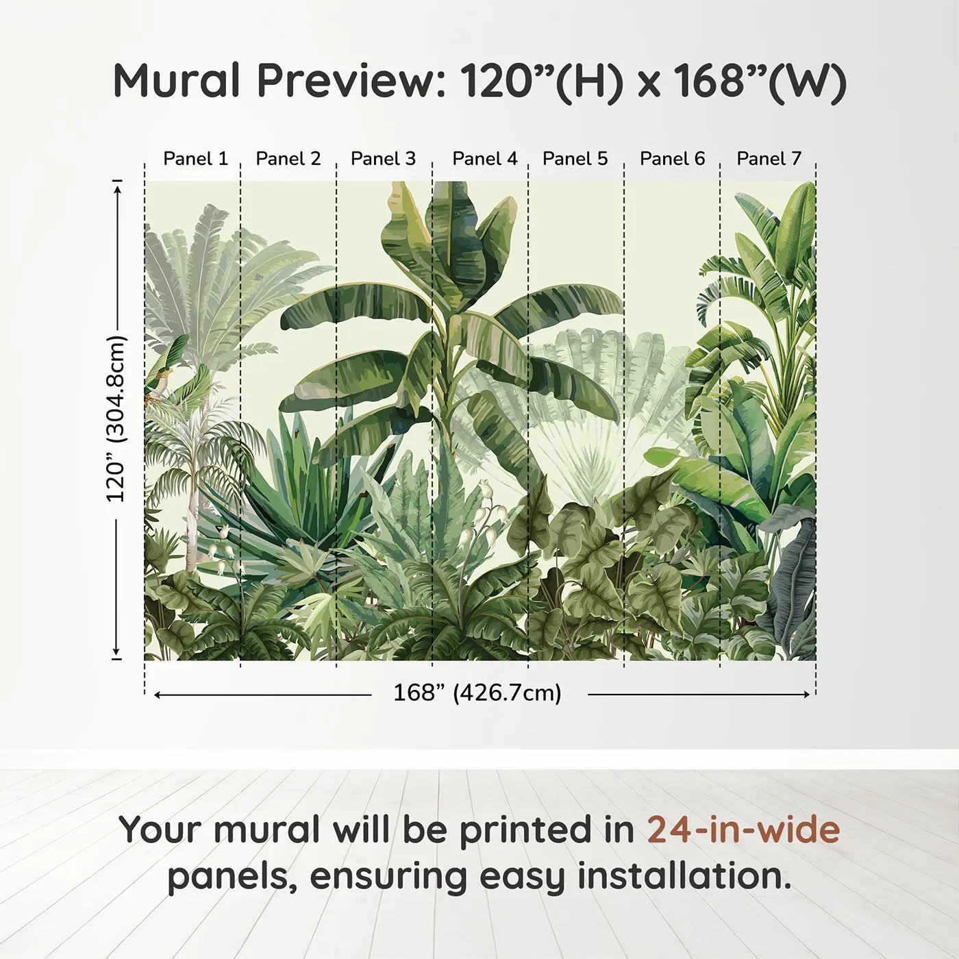 Whimsy Tots Tropical Jungle Panorama Wall Mural in Greendimension view (120" H x 168" W). Printed in seven 24-inch-wide panels. Gender-Neutral